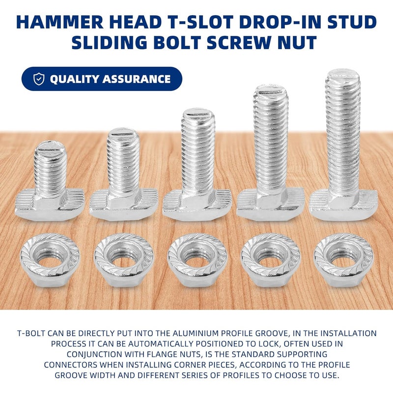 DLBEEM 50Pcs M8x16/20/25/30/35mmThread T-Slot Drop-in Stud Sliding Screw Bolt with Flange Nut Set, Heavy Duty Hammer Head Bolt T Shape Screws for European Standard 40 Series Aluminum Profile - Image 3